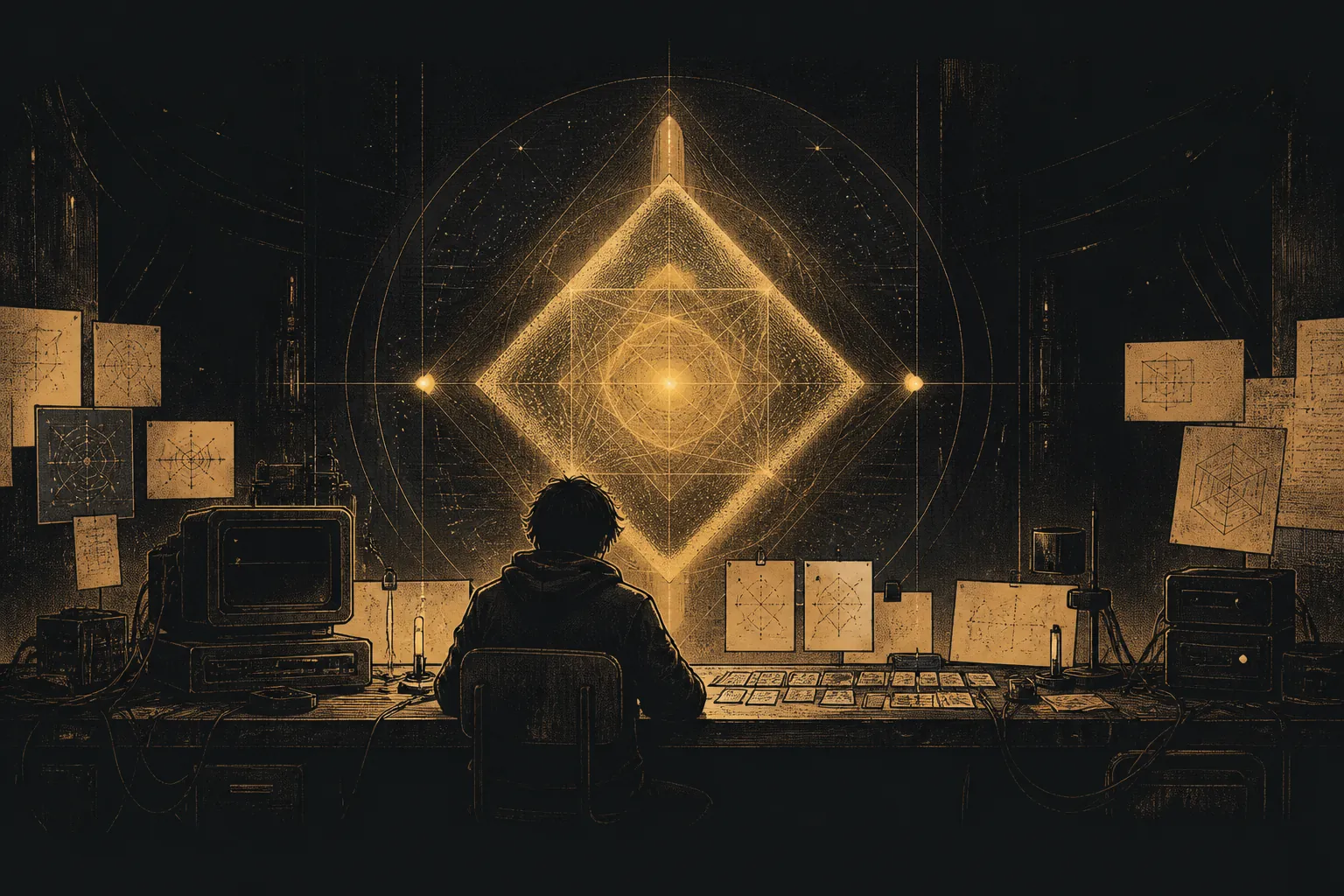 A human researcher at a black-and-gold laboratory console facing a luminous geometric machine intelligence