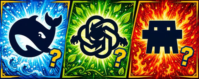 Three colorful cards showing a whale, an OpenAI-style knot, and a pixel creature, each with a question mark