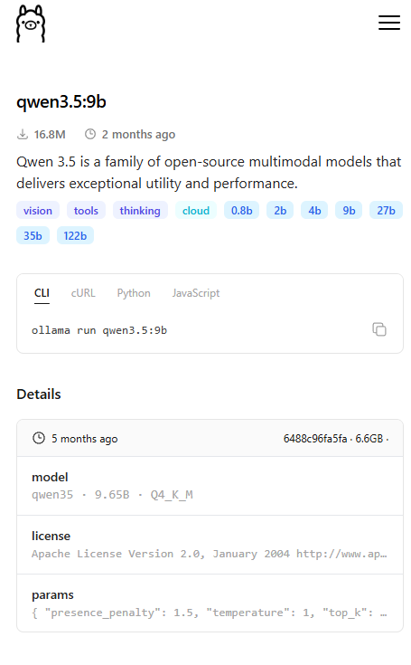 Screenshot of the Qwen 3.5 Ollama model page showing model sizes and details.